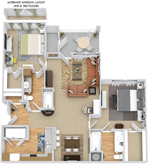 Beechwood 3D. 2 bedroom apartment. Kitchen with bartop open to living/dinning rooms. 2 full bathrooms. Walk-in closets. Patio/balcony with storage.